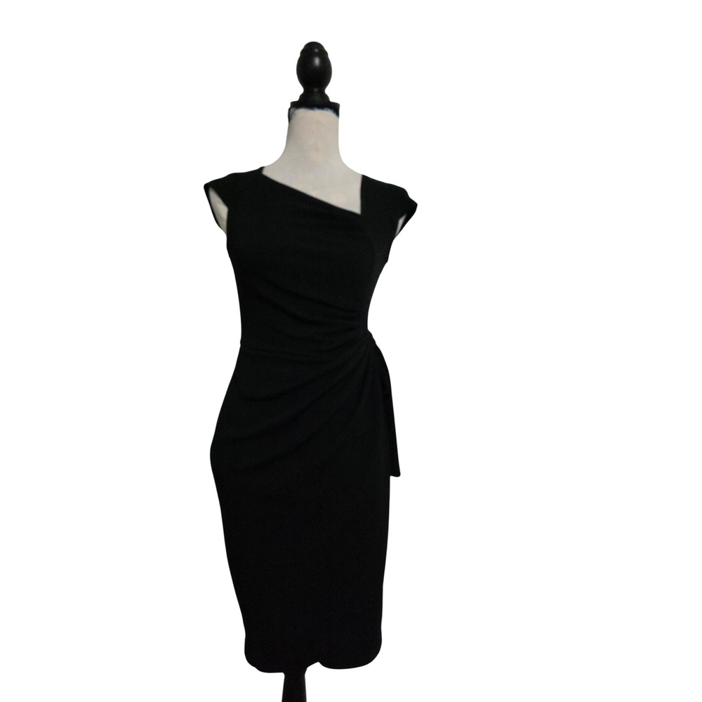 Liyinxi Womens Black Asymmetrical Ruched Tie Waist Sheath Midi Dress Size Small
